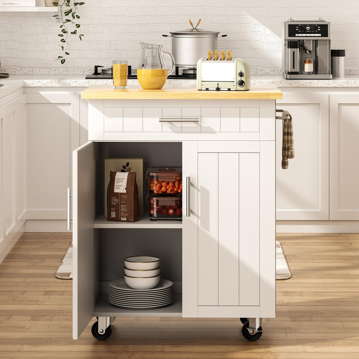 SUNLEI Kitchen Island with Storage, 26" Rolling Microwave Cart with 3 Drawers, Rubberwood Top, Lockable Wheels, Towel Rack & Open Shelves, Portable Kitchen Cart, White
