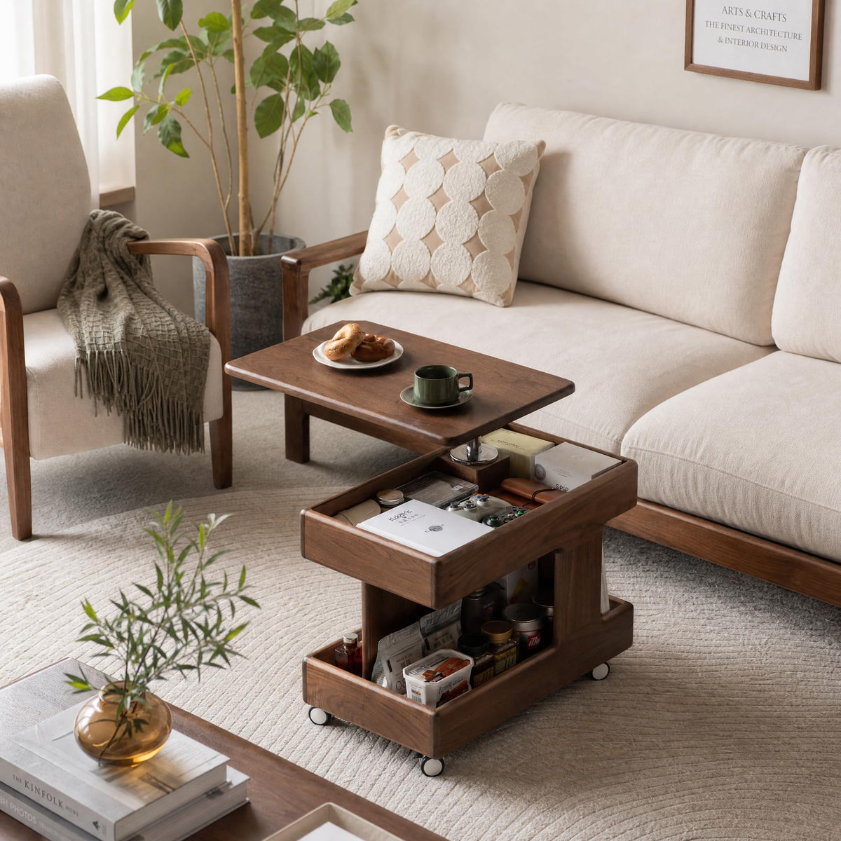 Small Lift Top Coffee Table with Wheels, Solid Wood Table with Storage