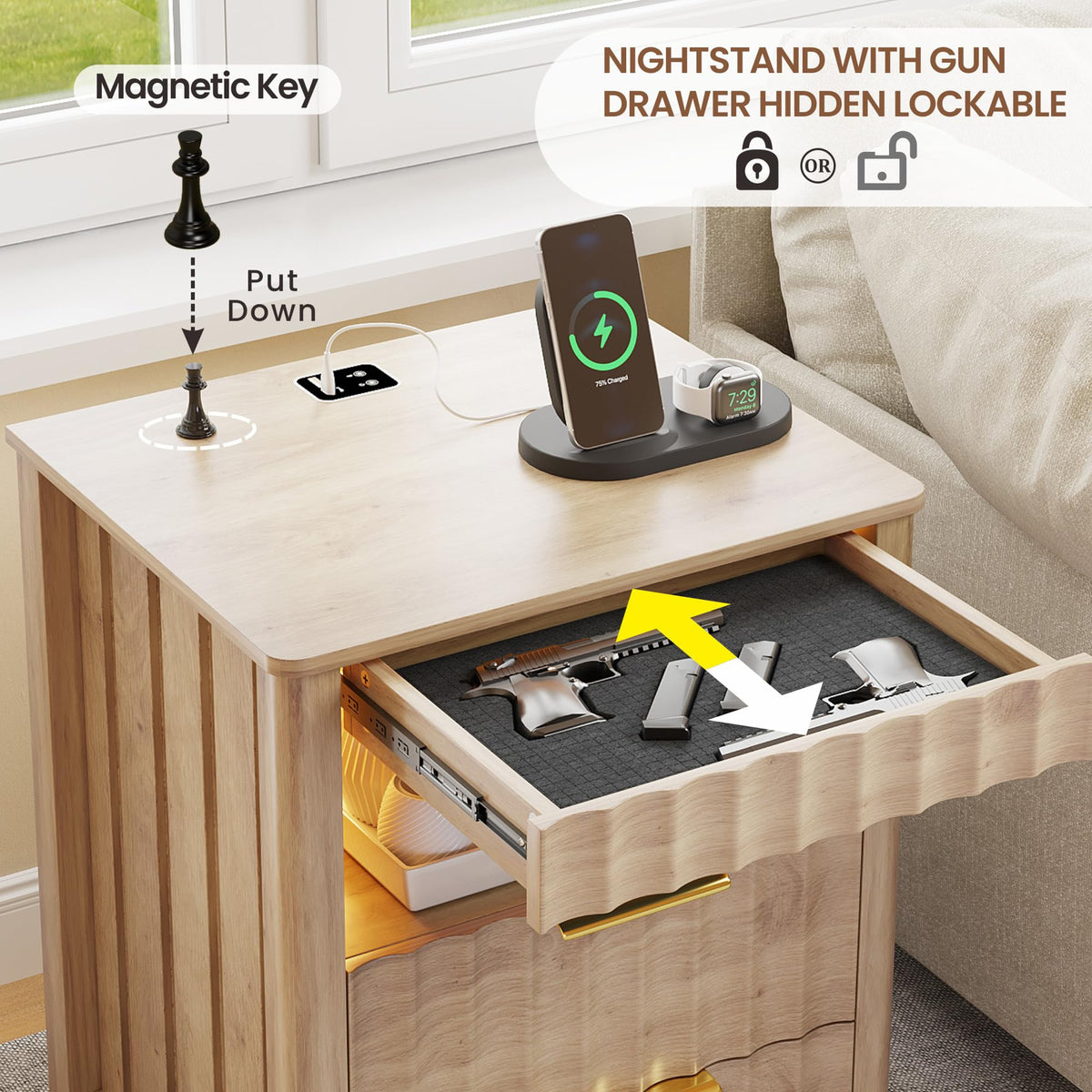 Dystler Nightstand with Charging Station & Gun Drawer for Bedroom, Wood