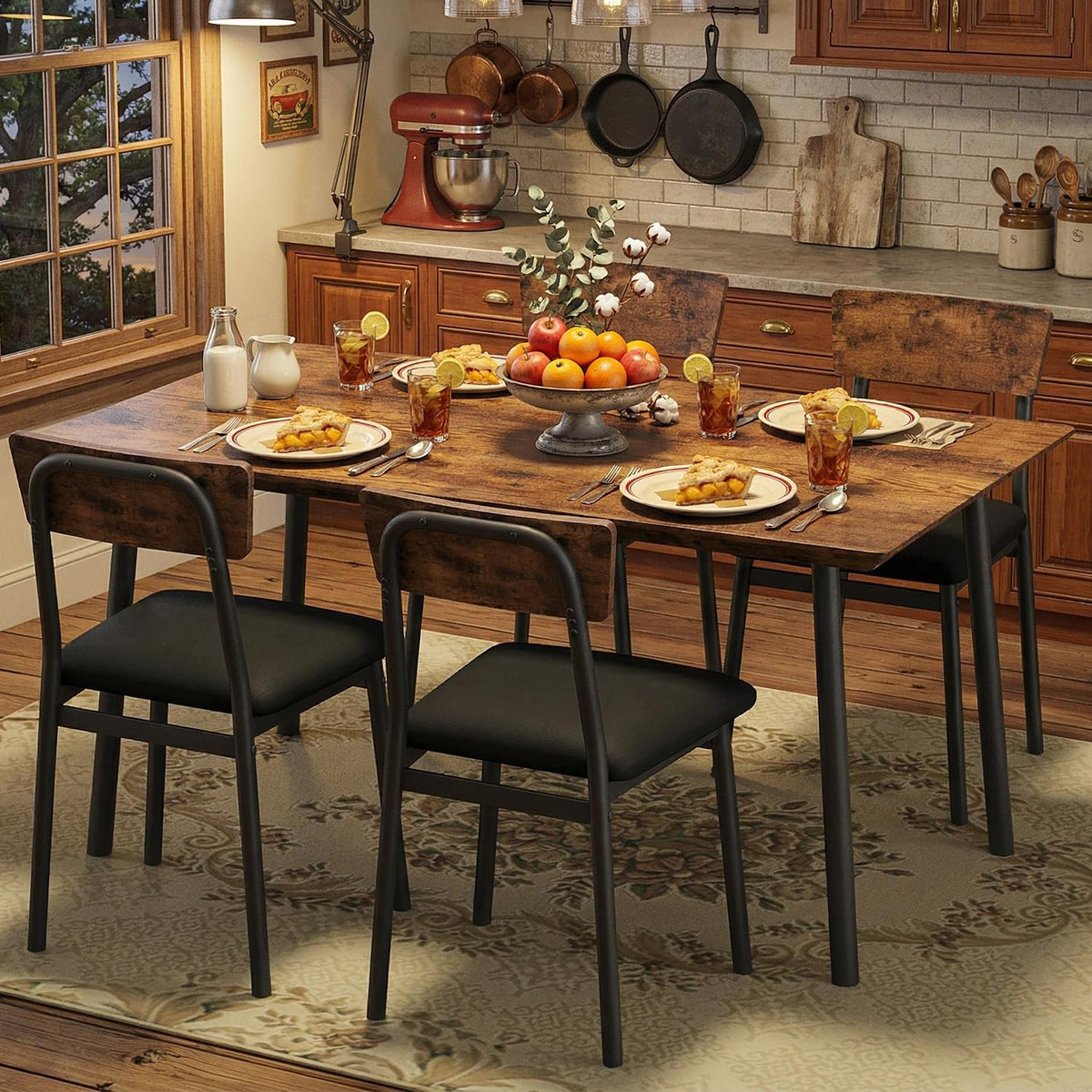 Garvee Dining Table Set for 4 with 4 Upholstered Chairs, Wood Kitchen Table Chairs Set of 4 w/Beveled Edge Design, Dining Room Table Set for 4 for Dining, Small Space, Apartmen,Rustic Brown