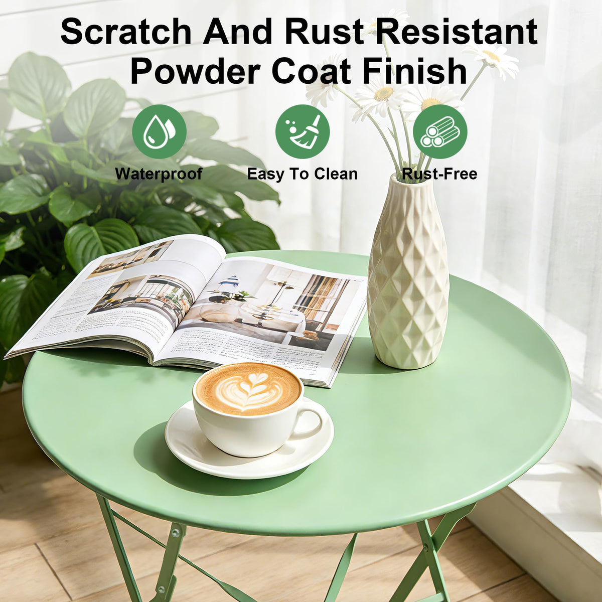 Decksplore 3-Piece Patio Bistro Set, Folding Outdoor Bistro Table and Chairs with Sturdy Steel Frame, No Assembly Required, Small Patio Furniture for Balcony Garden Porch, Bean Green
