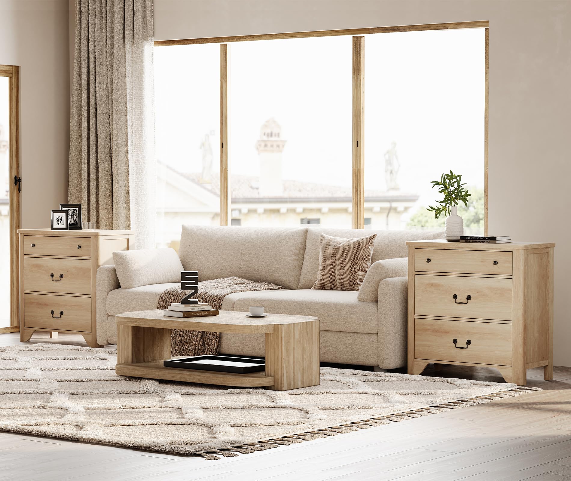 WAMPAT 3 Drawer Dresser Set of 2, 63“ Large Farmhouse Dresser for Bedroom with Wide Chest of Drawers,Oak Wooden Dressers Nightstand Cabinet for Bedroom, Living Room, Hallway, Office