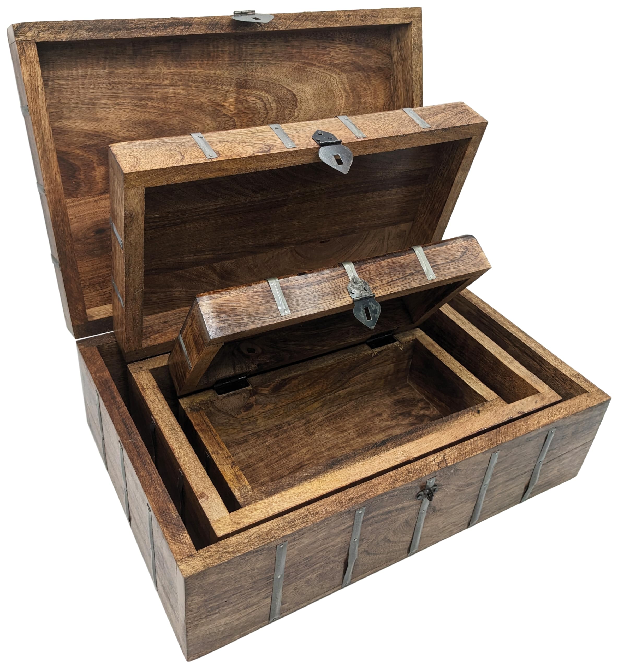 SciencePurchase Set of 3 Nesting Wooden Pirate Treasure Chests (Small, Medium, and Large), Hinged Storage Boxes Decorated with Grey Metal Accents, Black Hasps for Locks