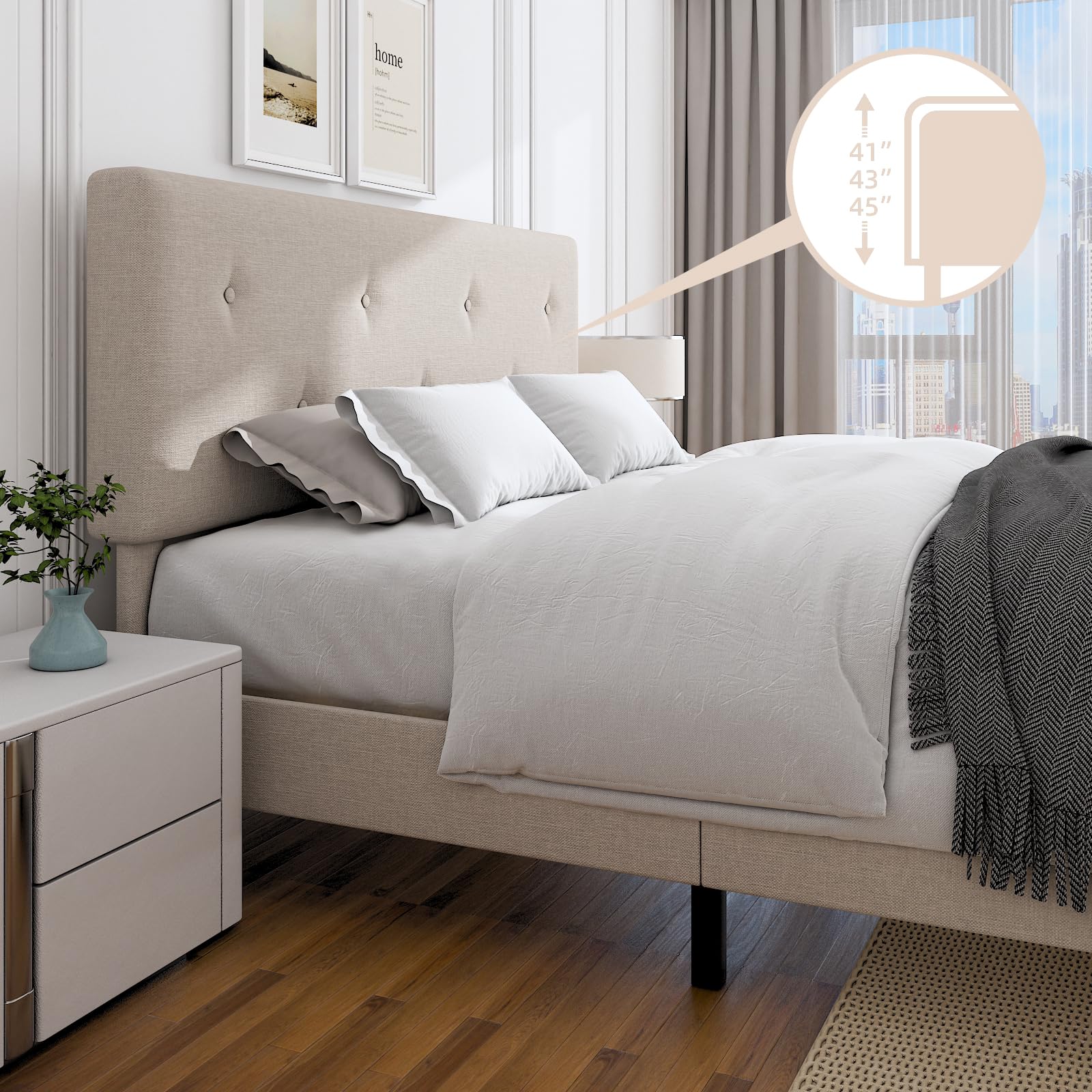Linen Upholstered Platform Bed Frame with Adjustable Headboard & Wooden Slats