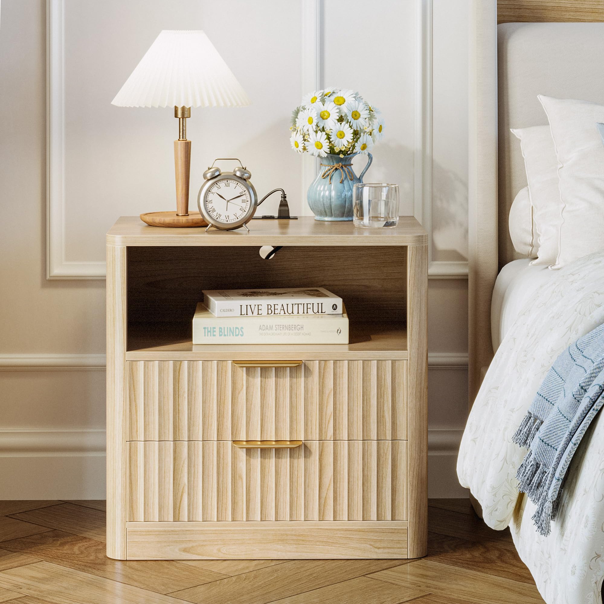 Fluted Nightstand Set of 2 with Charging Station