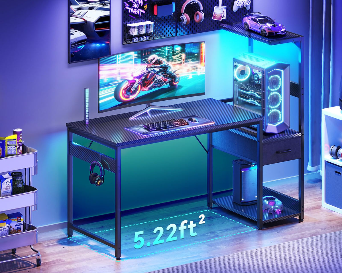 Casaottima 48'' Gaming Desk with LED Lights & CPU Stand, Black
