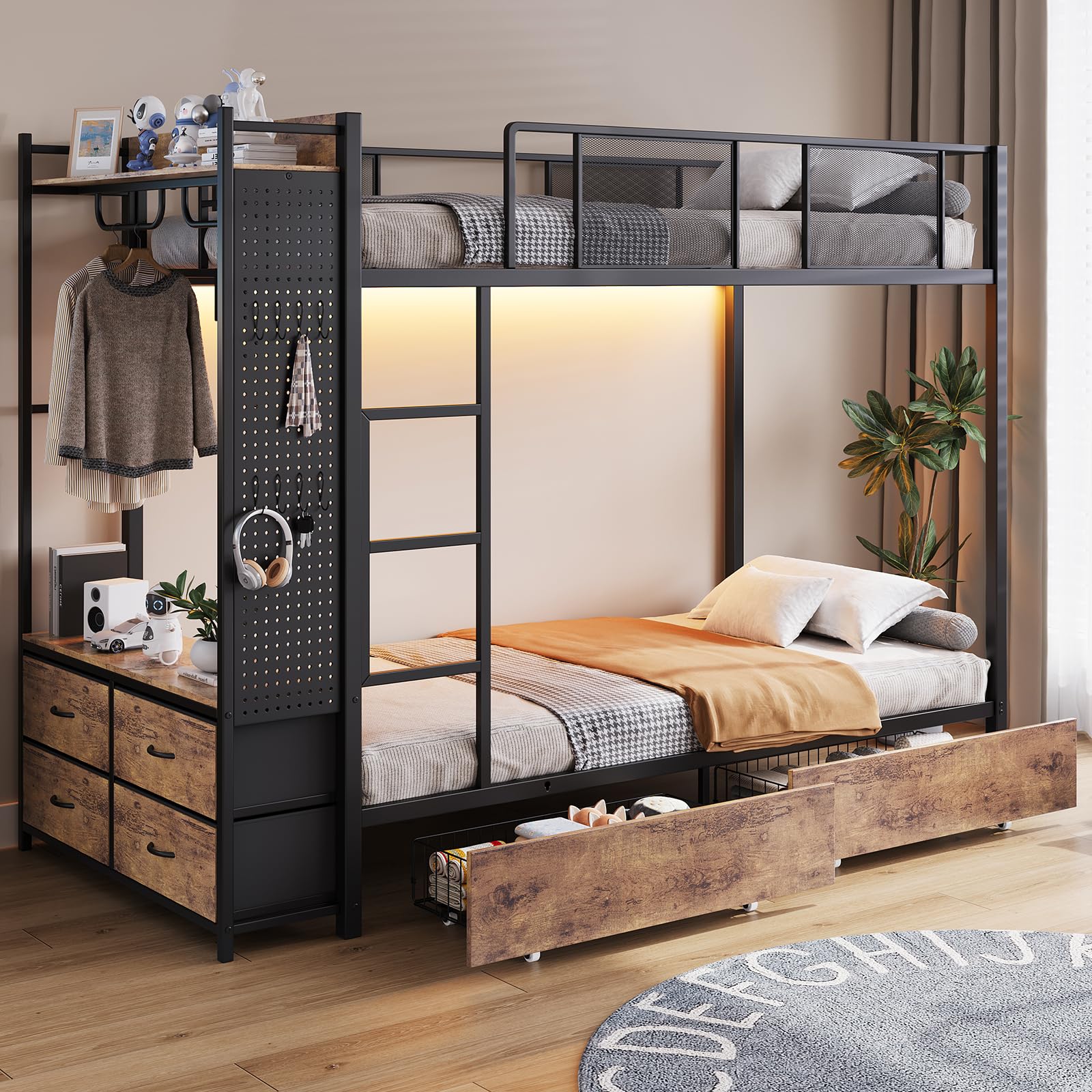 Twin Over Twin Bunk Bed with Hall Tree, LED Lights & Storage