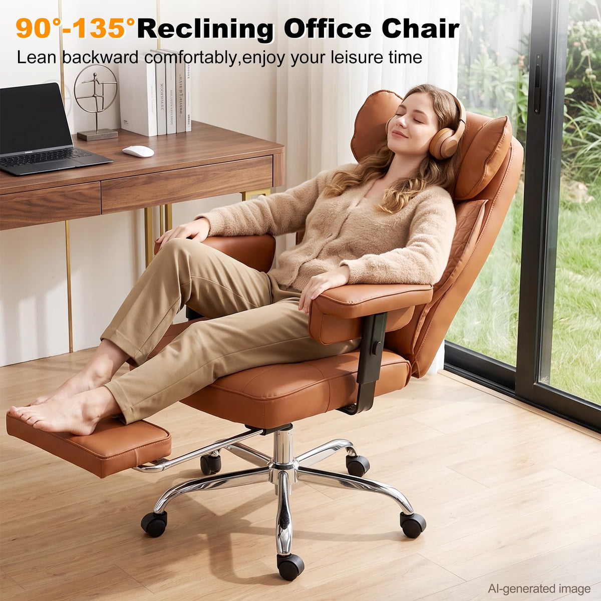BOWTHY Kneading Massage Office Chair with Footrest,90-135°Reclining Office Chair,Ergonomic Computer Desk Chair,Gaming Chair with Lumbar Support,Leather Executive Chair with Adjustable Armrests,Brown