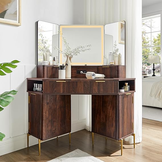Corner Vanity Desk with Triple Mirror & Lights