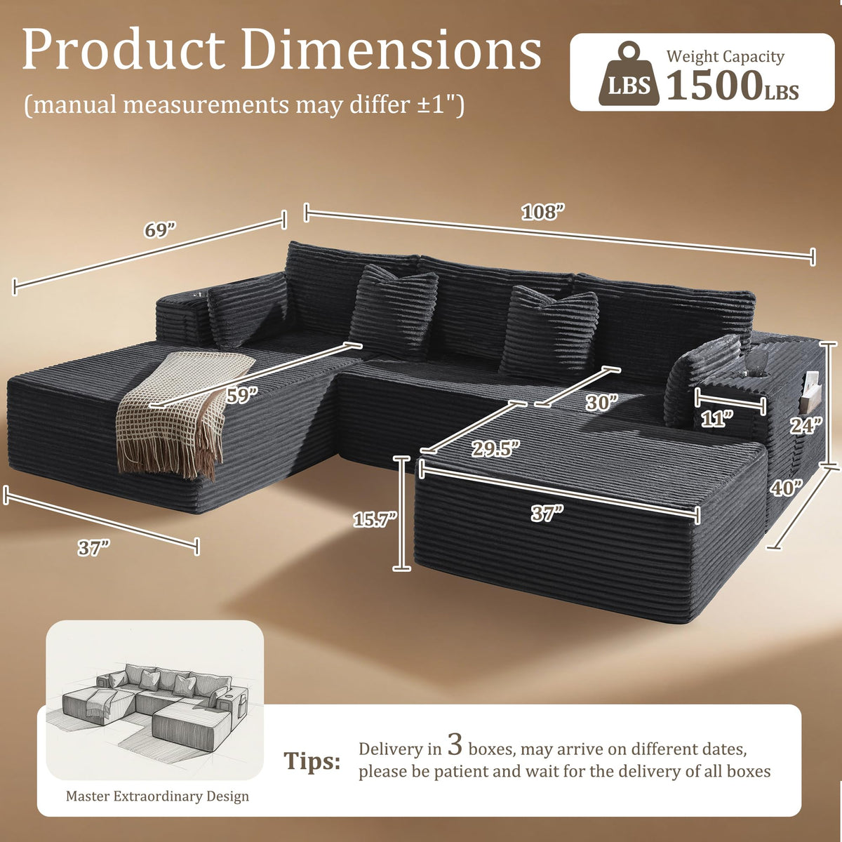 VYUXWO 108" Oversized Cloud Sectional Couch, Comfort U Shaped Boneless Couch for Living Room, Extra Deep Seats No Assembly, Modular Sofa, Corduroy (Dark Grey, 2 Seater + Left Facing Chaise + Ottoman)
