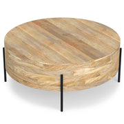 Round Drum Coffee Table – Solid Mango Wood with Black Metal Legs