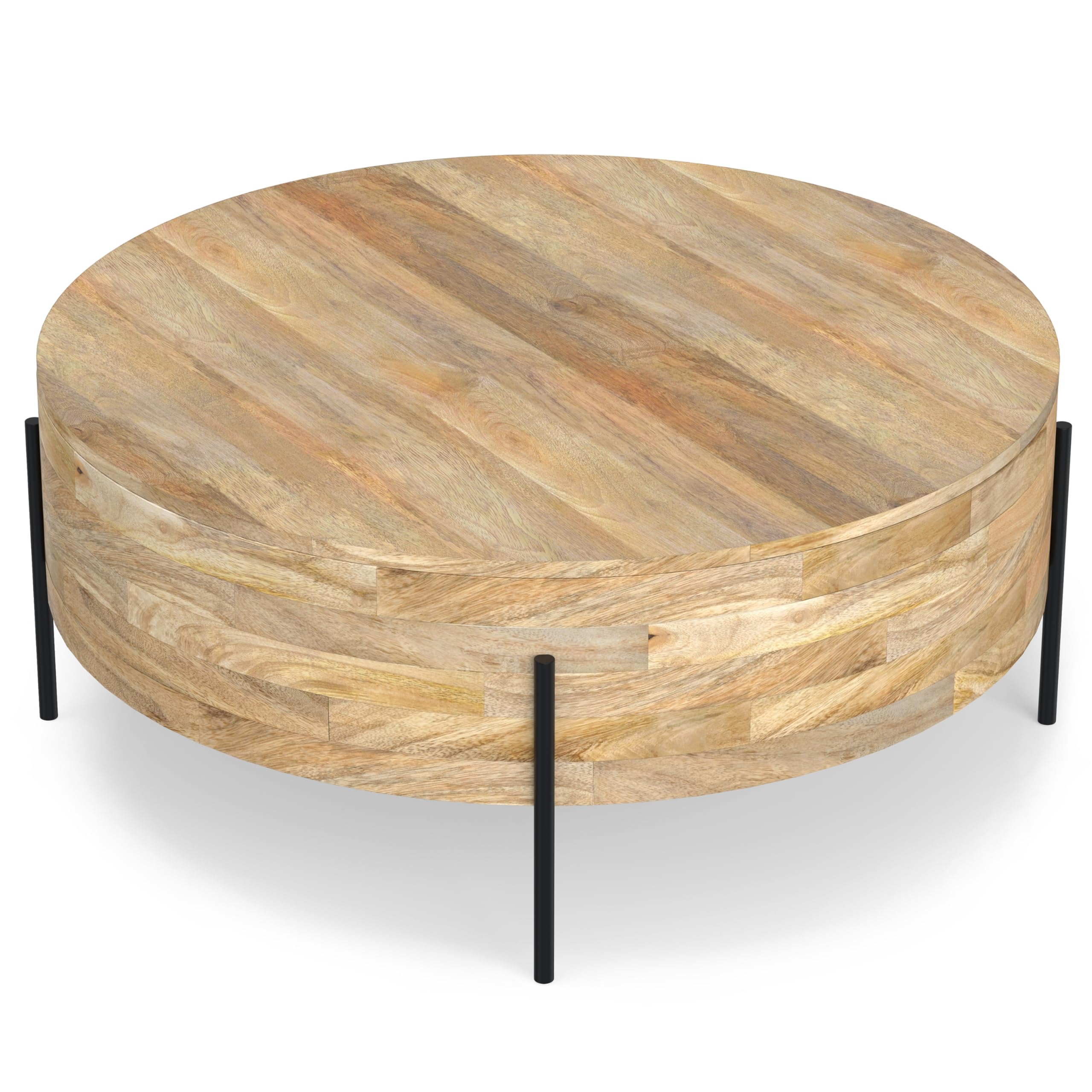 Round Drum Coffee Table – Solid Mango Wood with Black Metal Legs