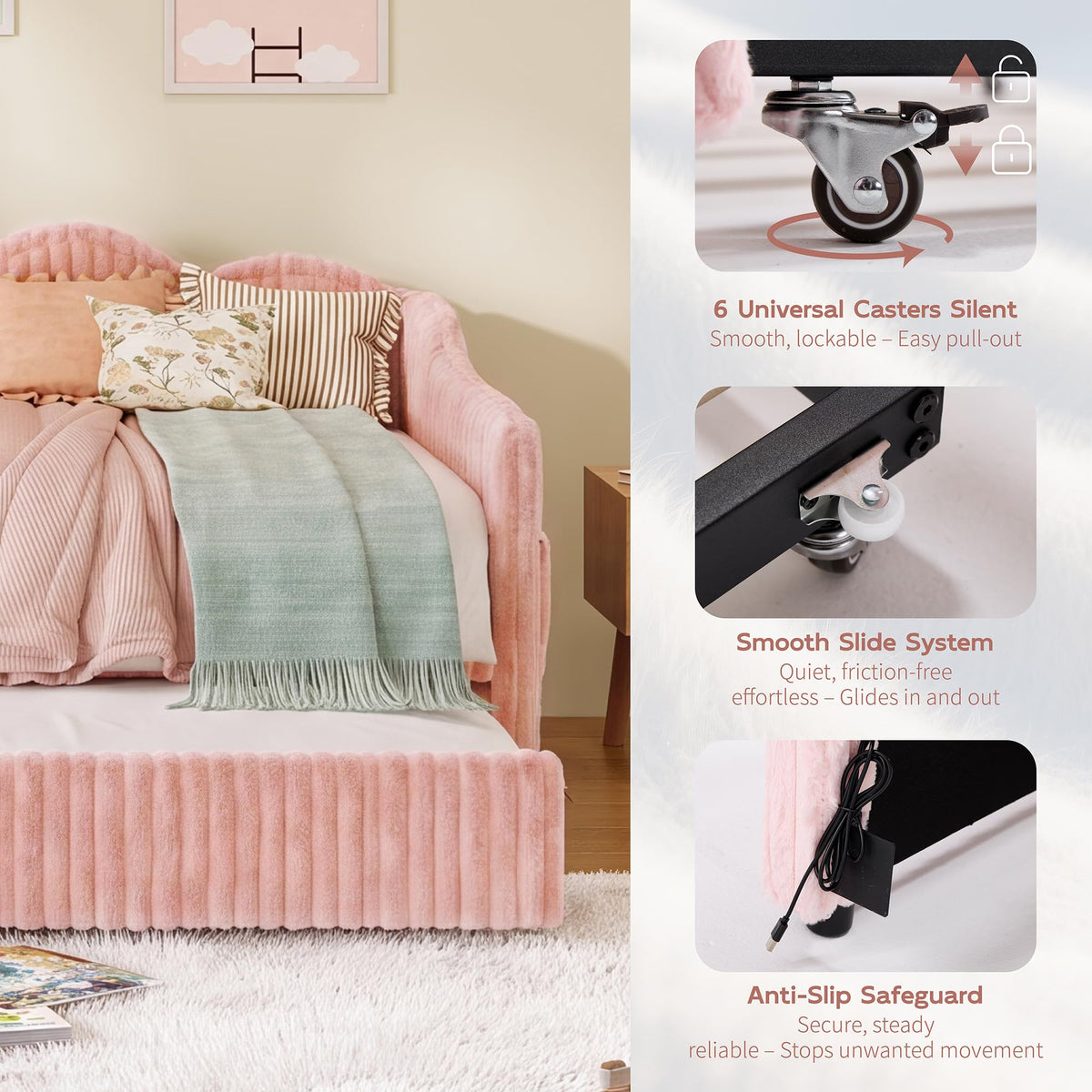 Twin Size Faux Fur Upholstered Daybed with Trundle, Side Pockets, Pink