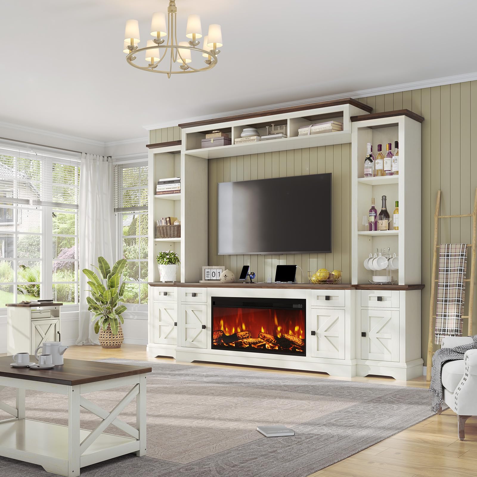 98" Farmhouse Entertainment Center with Electric Fireplace