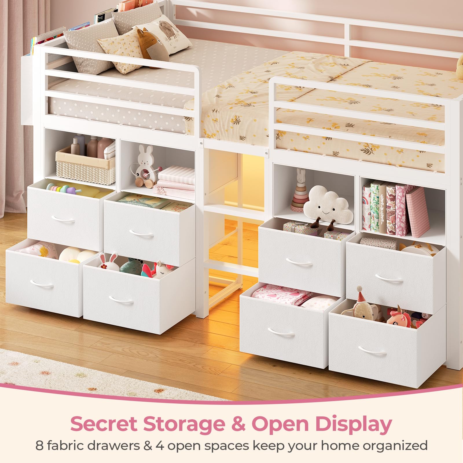 Kids Low Loft Bed Twin with Storage Drawers & LED Lights