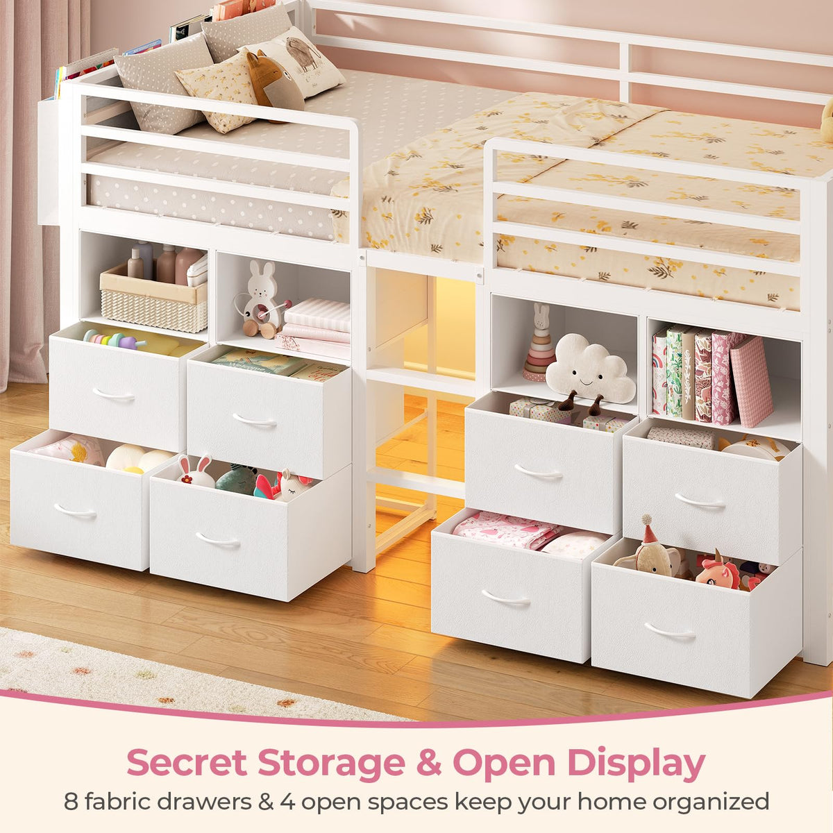 ADORNEVE Low Loft Bed Twin Size with 8 Storage Drawers for Kids, White