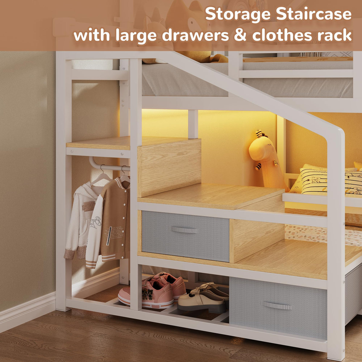 Jocoevol Metal Bunk Bed Twin Over Twin with Storage Staircase, Clothes Rack, LED Twin Bunk Beds for Kids with 2 Storage Drawers, Full-Length Guardrail, No Box Spring Needed, Easy Assembly, White
