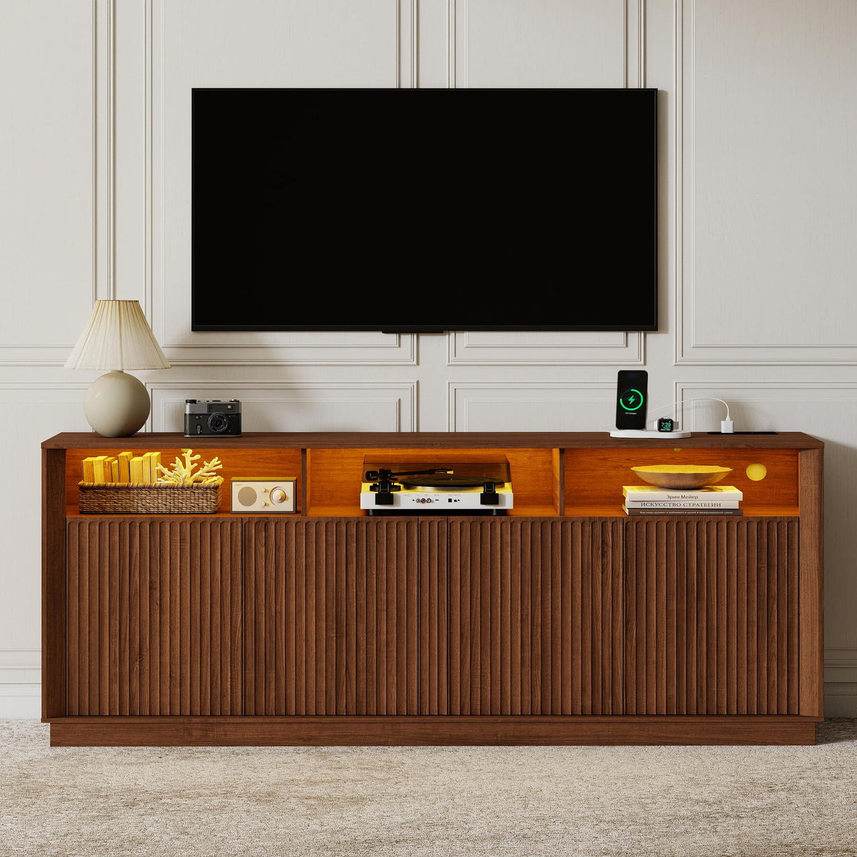 70" Fluted TV Stand for TVs up to 80" with LED Lights Power Outlet, Walnut