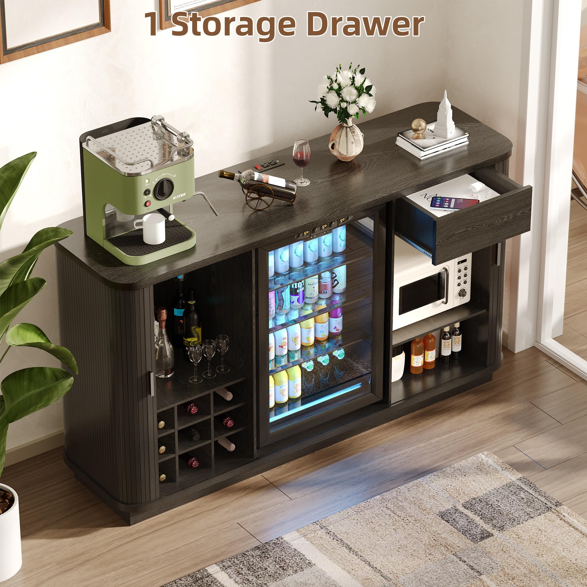 Lurinthal Coffee Bar Cabinet with Fridge Space, Liquor Wine Bar Cabinets with Wine Rack and Glass Holder, Mini Fridge Cabinet with Storage, Fluted Buffet Sideboard for Living Room, Home, Kitchen