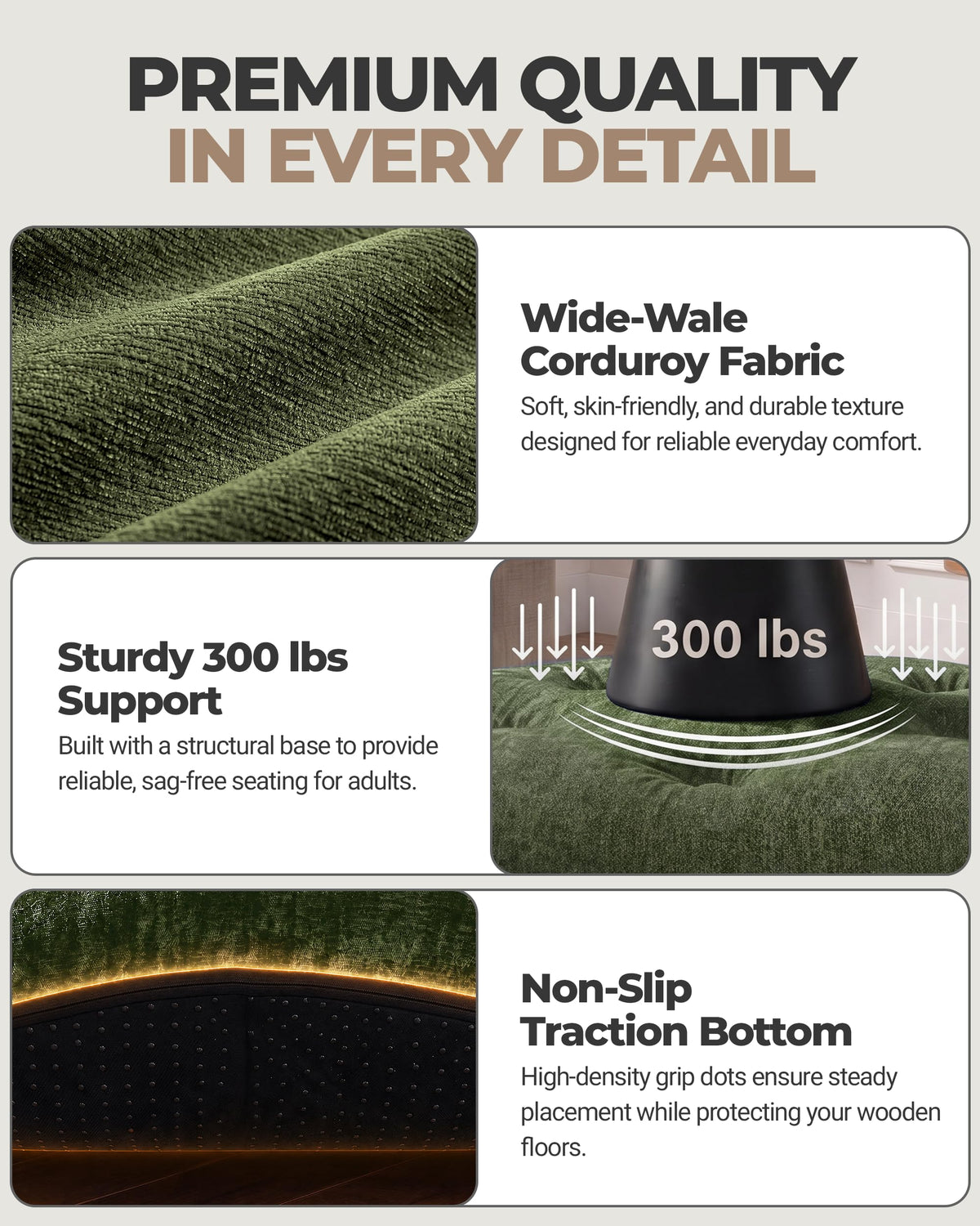 Fabulcozy 23.6in Round Pouf Ottoman, Chenille Ottoman Foot Rest with Dual‑Layer Support, Large Plush Pouf with Soft Chunk‑Foam Top & Firm Foam Base, Floor Foot Stool for Living Room, Green