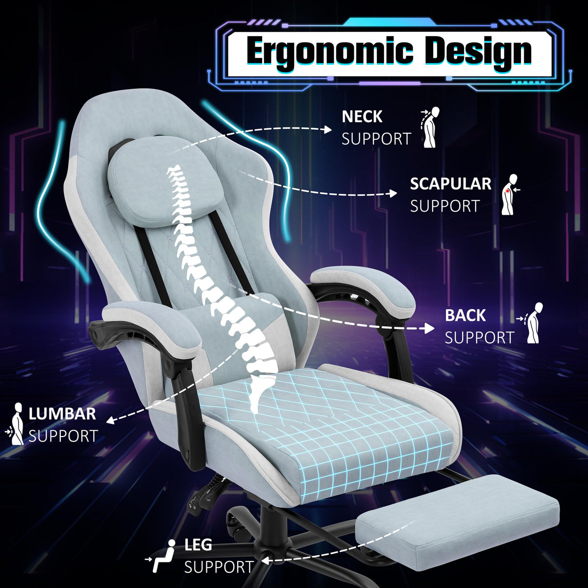 Meilocar Gaming Chair with Footrest, Ergonomic Fabric Desk Chair, Blue