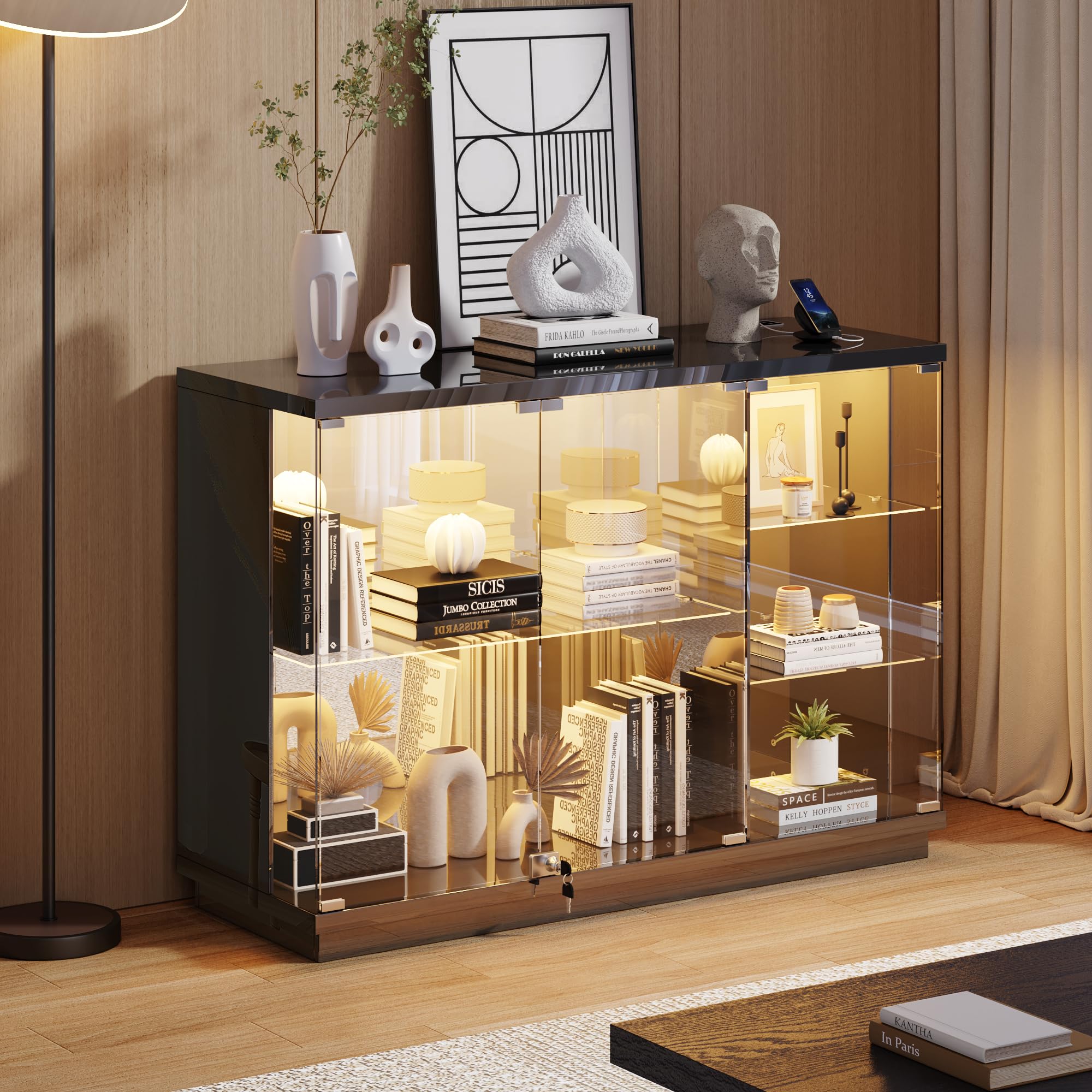 Glass Display Cabinet with LED Light & Lock
