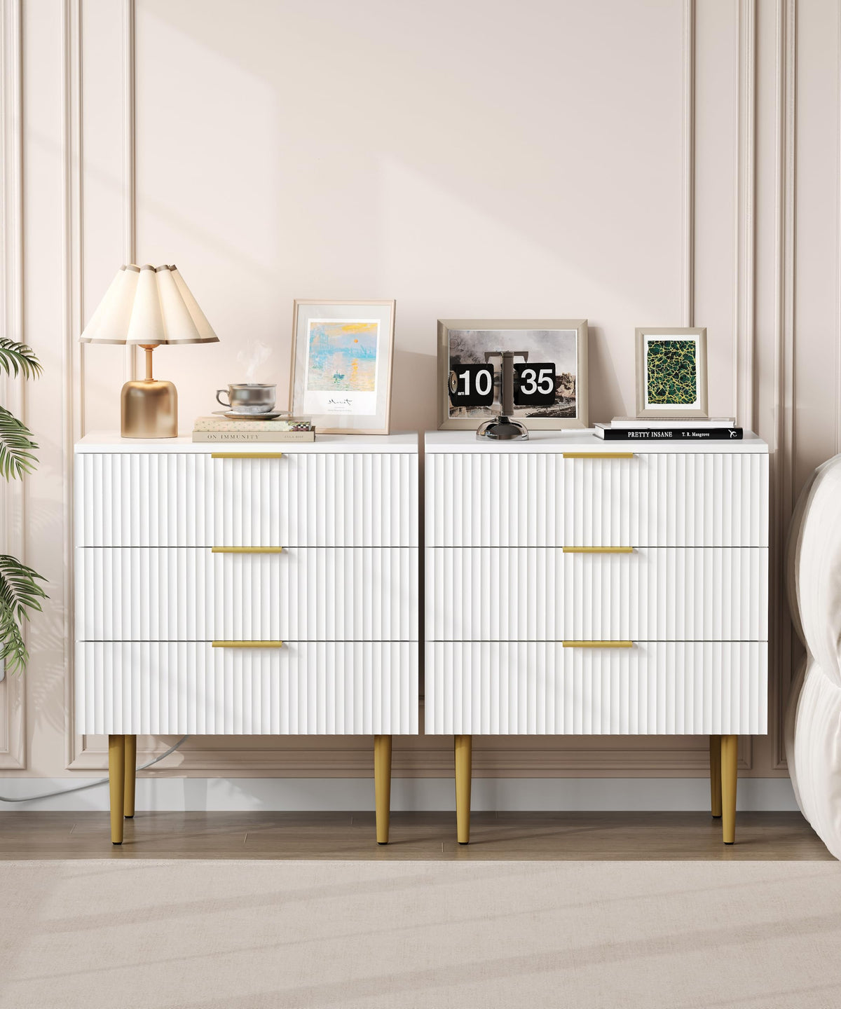 White Fluted Nightstand with Charging Station