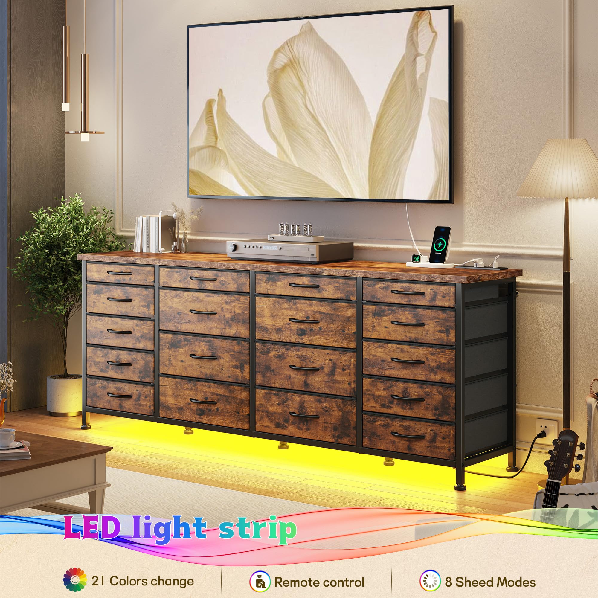 63"W TV Stand for Bedroom with LED Light & Power Outlets, Long Dresser with 18 Deep Drawers for 65 70 75 inch TV, Fabric Dresser TV Stands for Living Room Entryway Hallway Closet, Rustic Brown