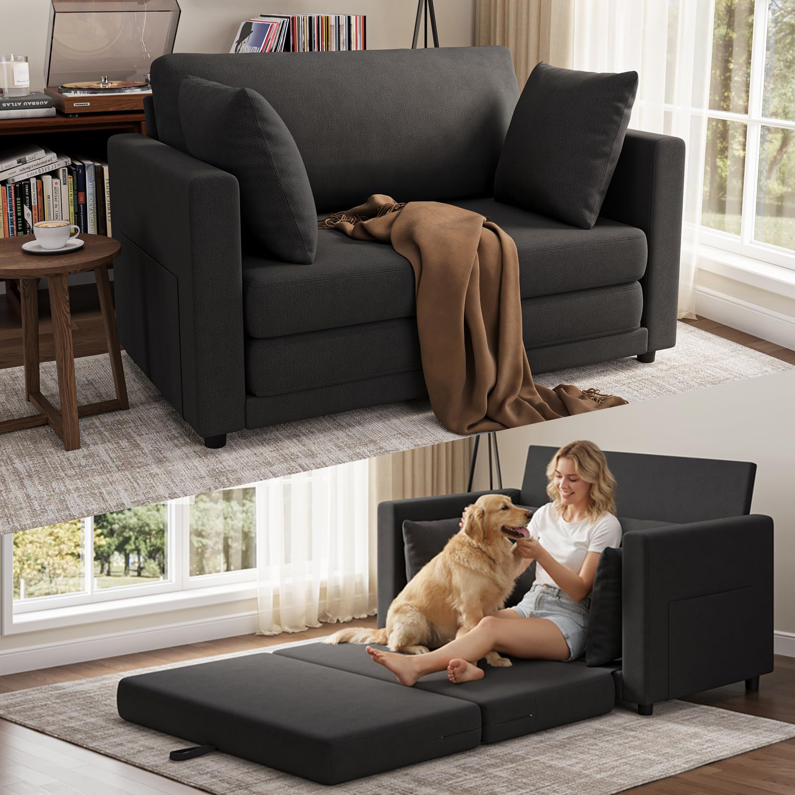 TROMIRY Convertible Loveseat Sofa Bed | Pull Out 78.7” Floor Couch Bed | Folding Sleeper Sofa Bed for Living Room, Apartment & Guest Room | Black