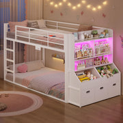Twin Over Twin Low Bunk Bed with Storage & RGB Lights