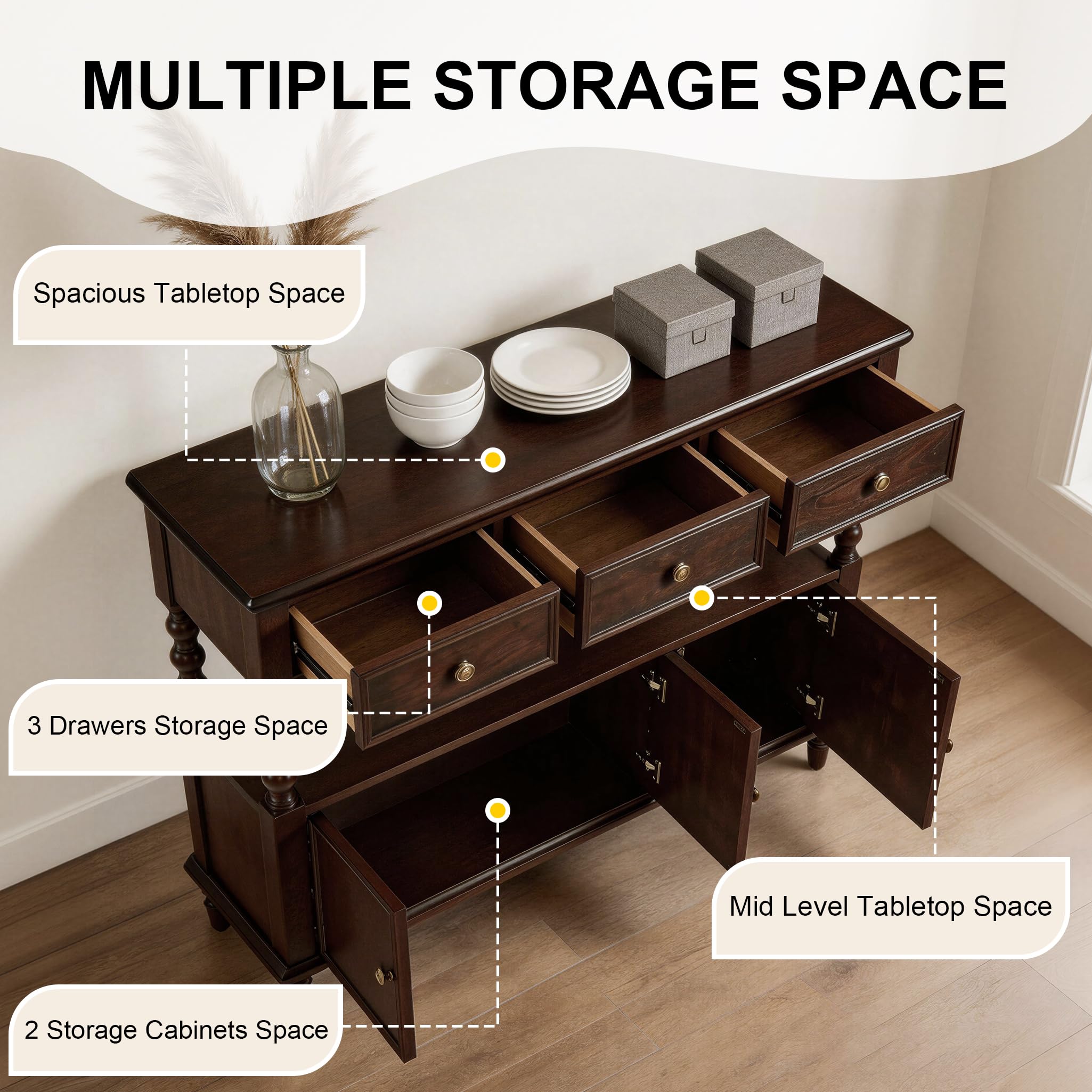 Solid Wood Console Table with Drawers & Cabinet