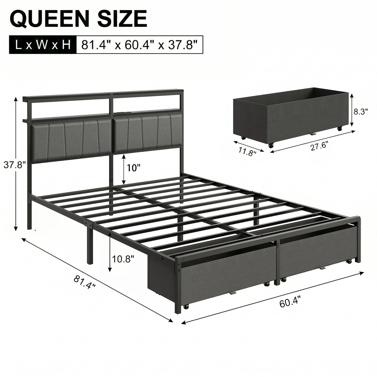 Queen Storage Bed Frame with Charging Station