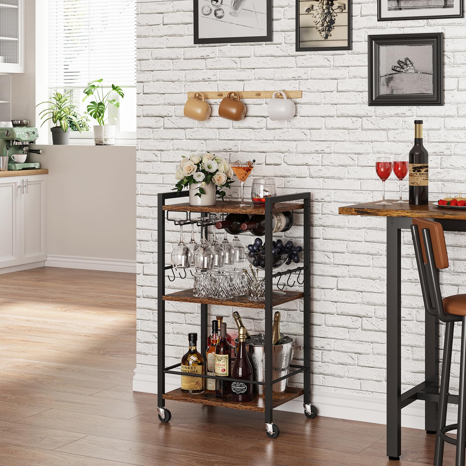 3-Tier Rolling Bar Cart with Wine Rack & Glass Holder