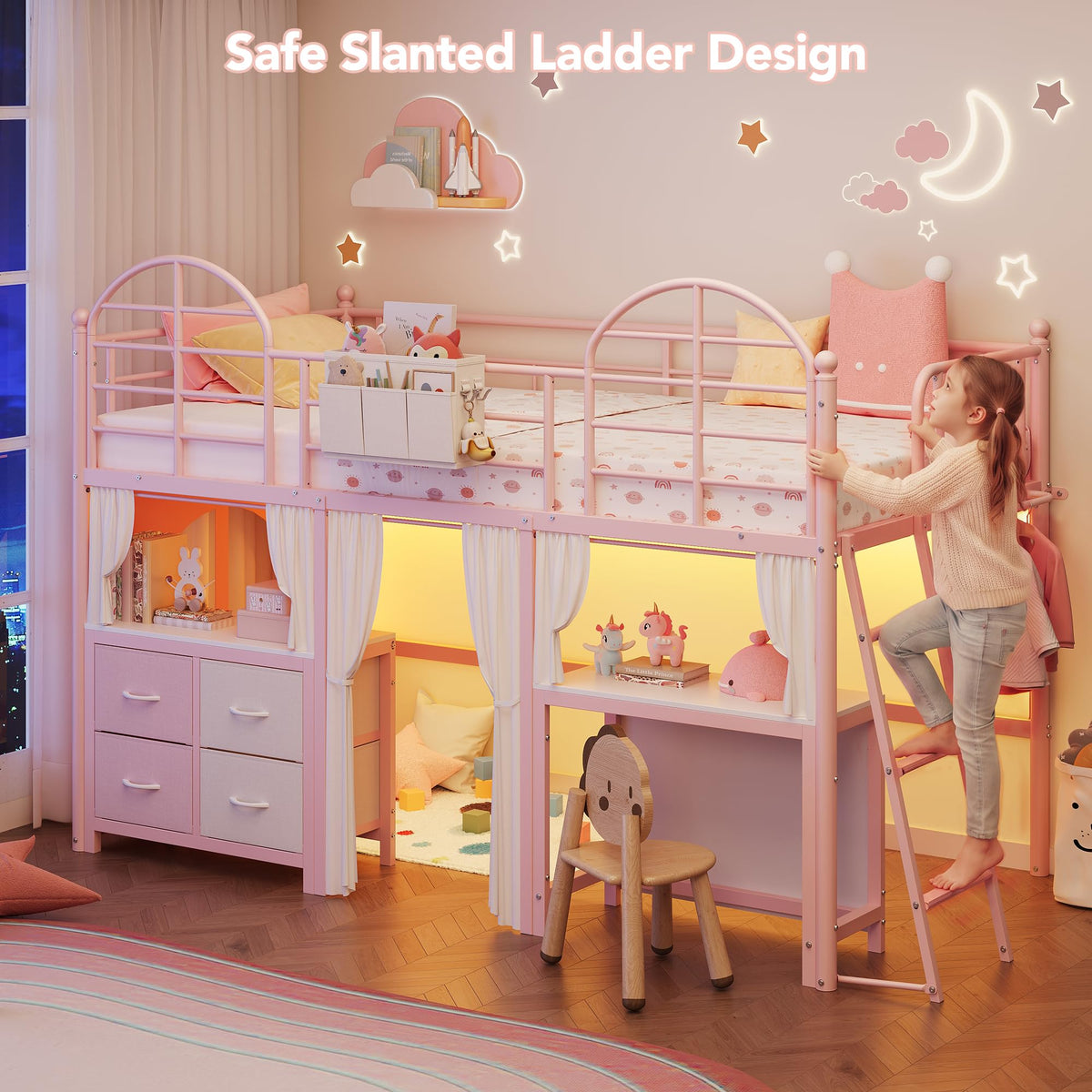 Twin Low Loft Bed with Desk & 4 Storage Drawers, Smart LED Lights, Pink