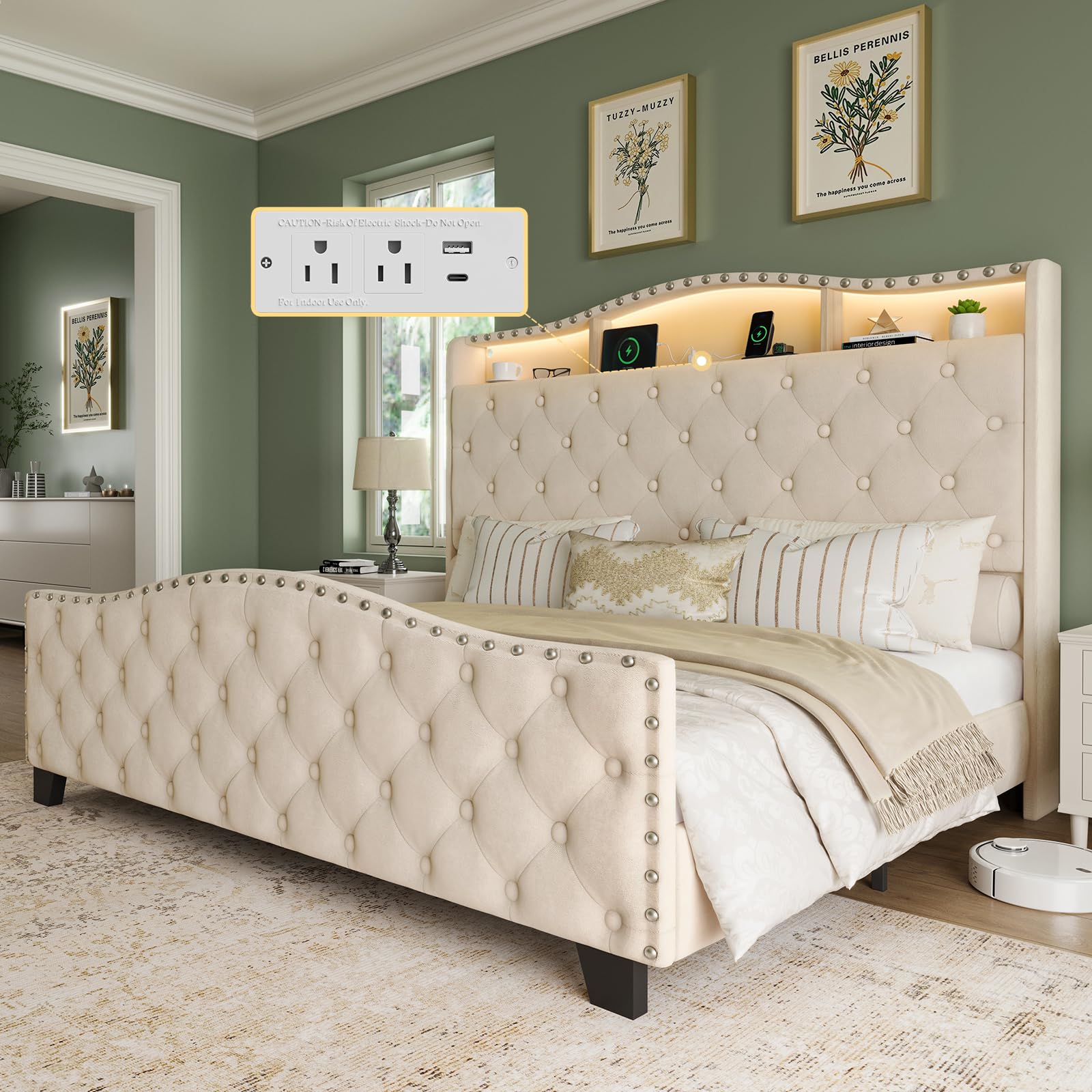 Velvet Wingback Bed Frame with LED Lights & Storage
