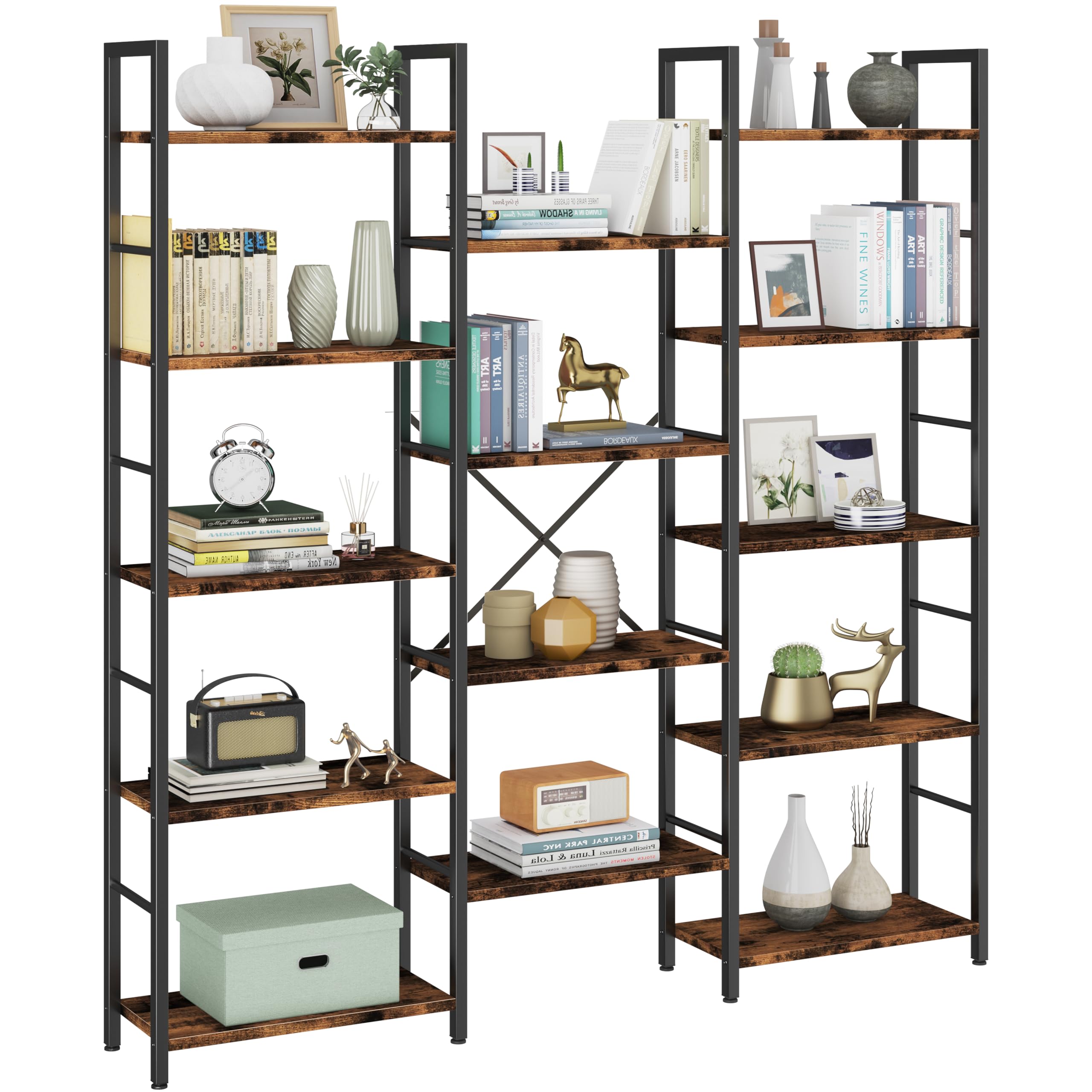 Triple Wide 5-Tier Bookshelf with 14 Shelves