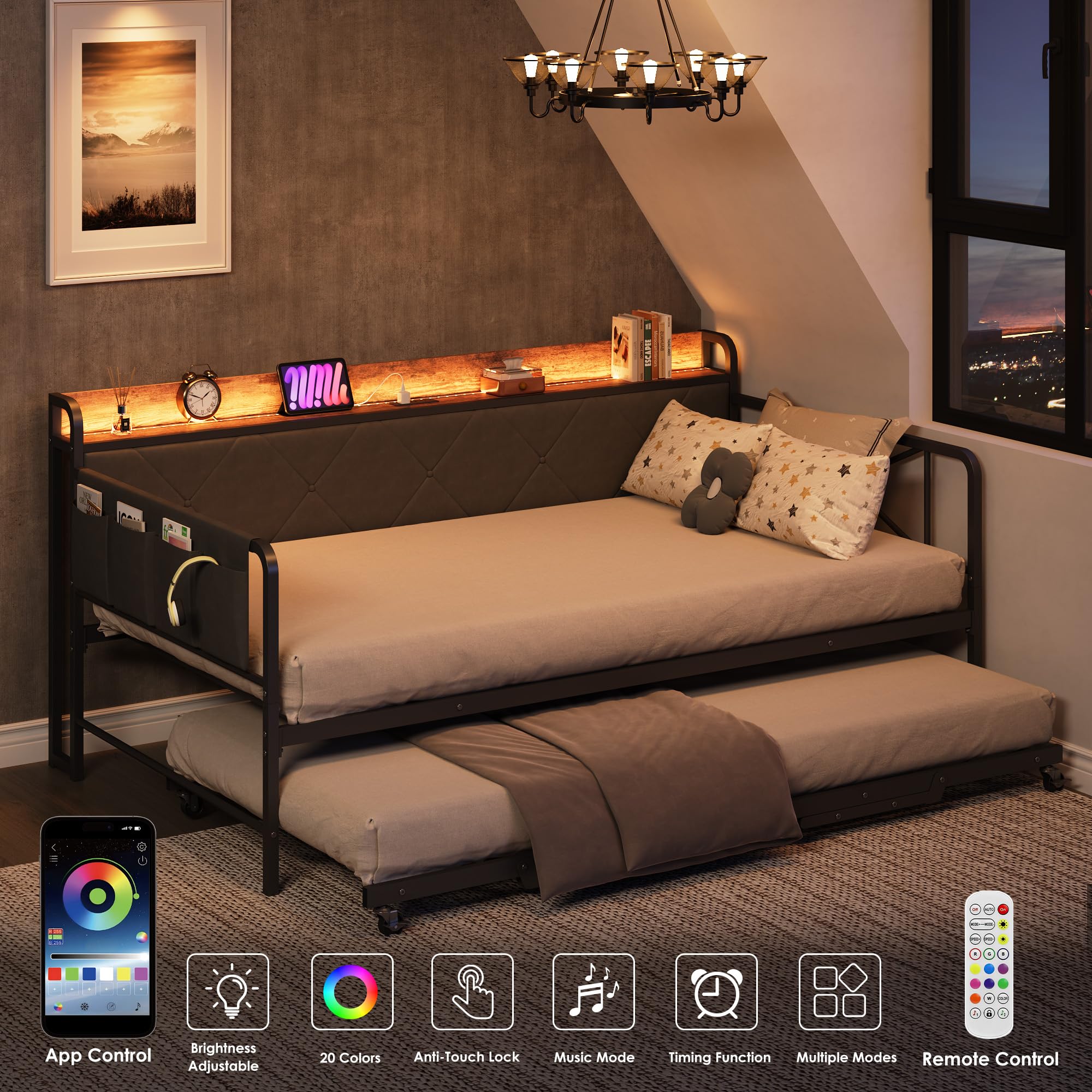 GarveeHome Daybed with Trundle and LED Light, Twin Size Bed Frame with Upholstered Headboard and Charging Station, Metal Frame Sofa Day Bed for Living Room, Bedroom and Guest Room, Black