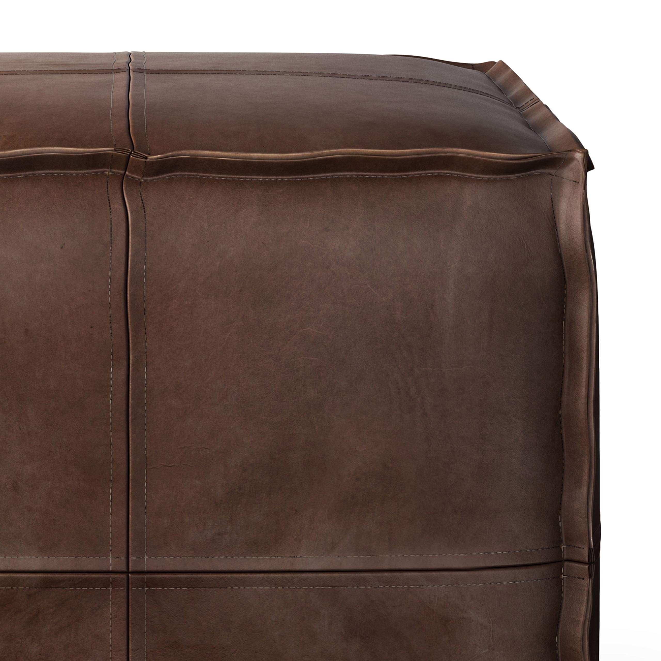 SIMPLIHOME Brody Square Pouf - 18" Wide x 14" High Upholstered Vegan Leather Ottoman in Distressed Dark Brown, Boho Footstool, Coffee Table or Extra Seating for Living Room or Bedroom, Assembled