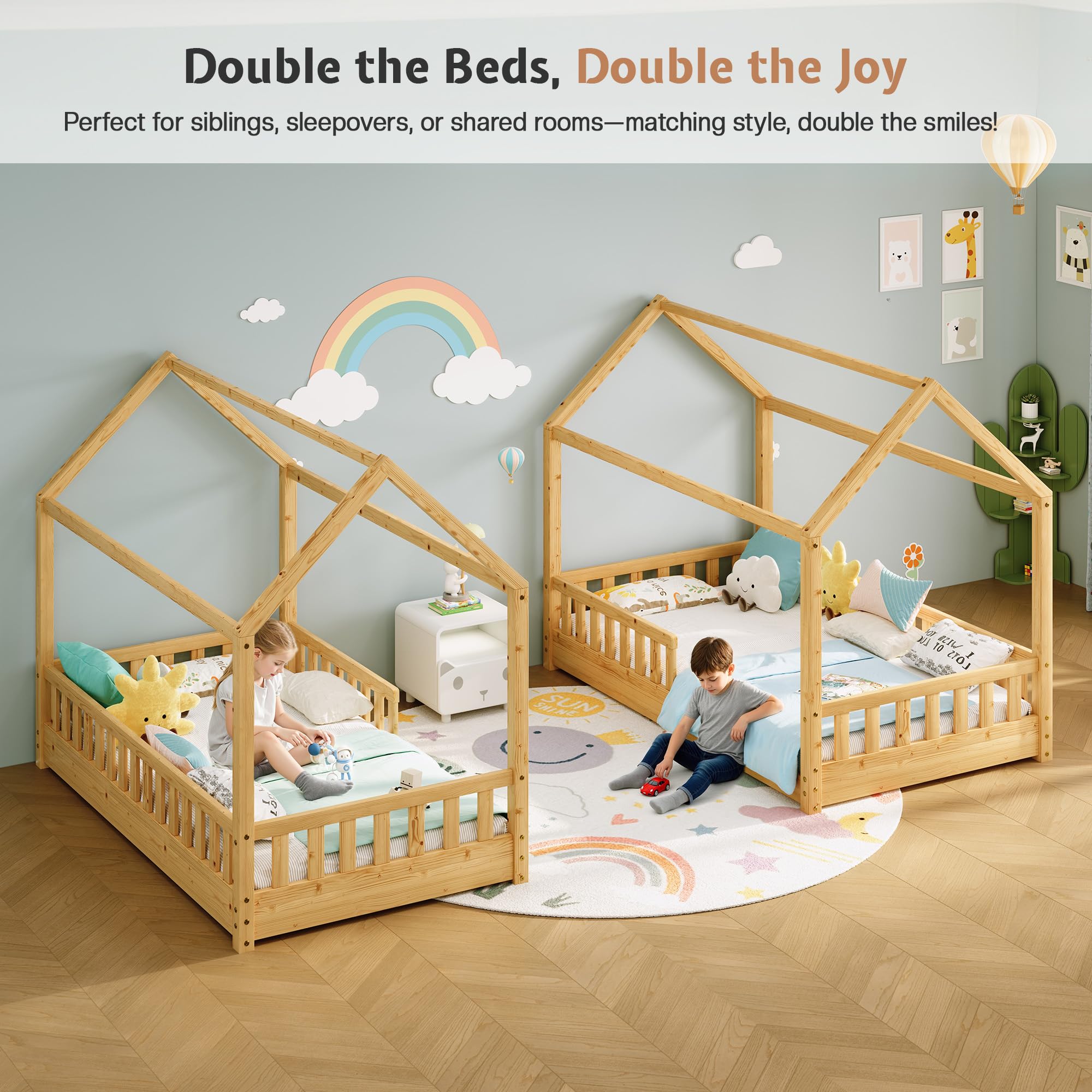 Jocisland Twin Size House Bed for Kids, Montessori 100% Wooden Floor Bed Frame with Guardrails, Removable Rails, Playhouse Roof, Easy Assembly, Toddler Floor Bed for Boys & Girls, Natural Wood