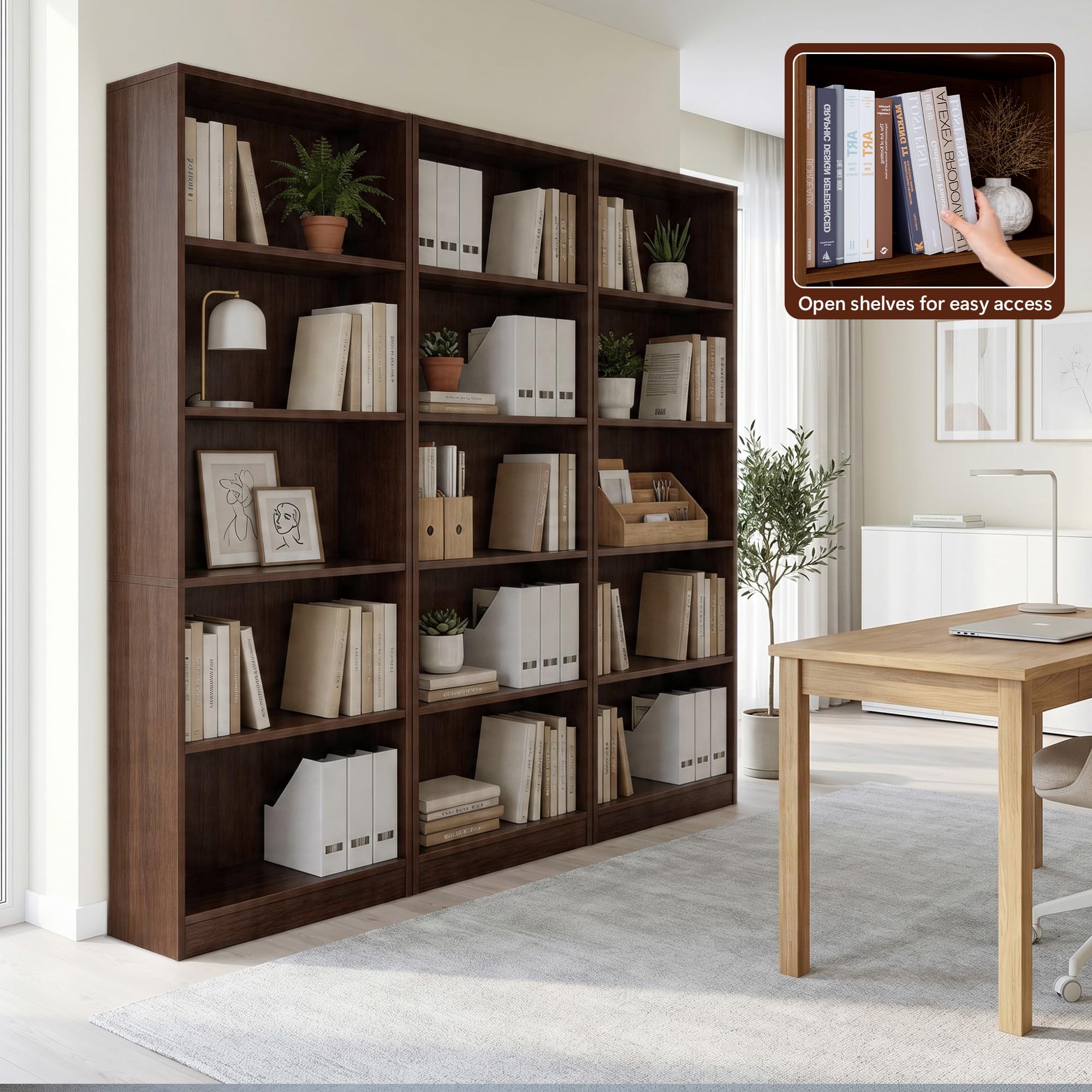 Nestwise 5 Tier Bookshelf, 71" Tall Bookcase Floor Standing, Large Wood Bookshelf with Anti-Tipping Device & Base, 5 Shelf Open Display Book Shelf for Living Room, Bedroom, Dining Room, Home Office