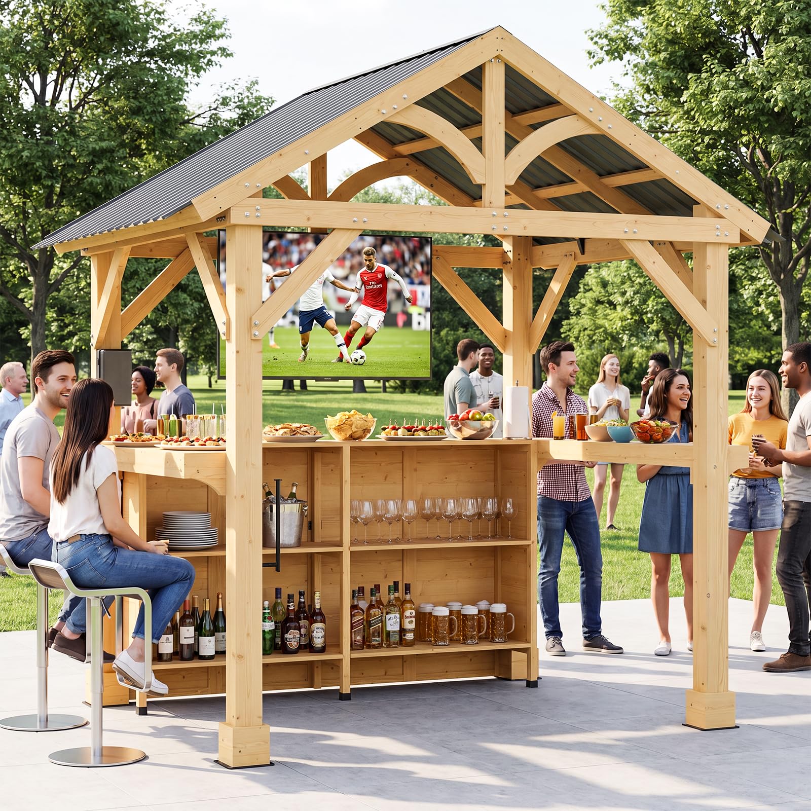 SUNBURY Shade Grill Gazebo, Outdoor Wood Bar Pavilion with Storage Shelves, Patio Bar Counter with Hardtop Galvanized Steel Roof, Backyard Entertaining Station for BBQ, Pool Party, Garden Deck