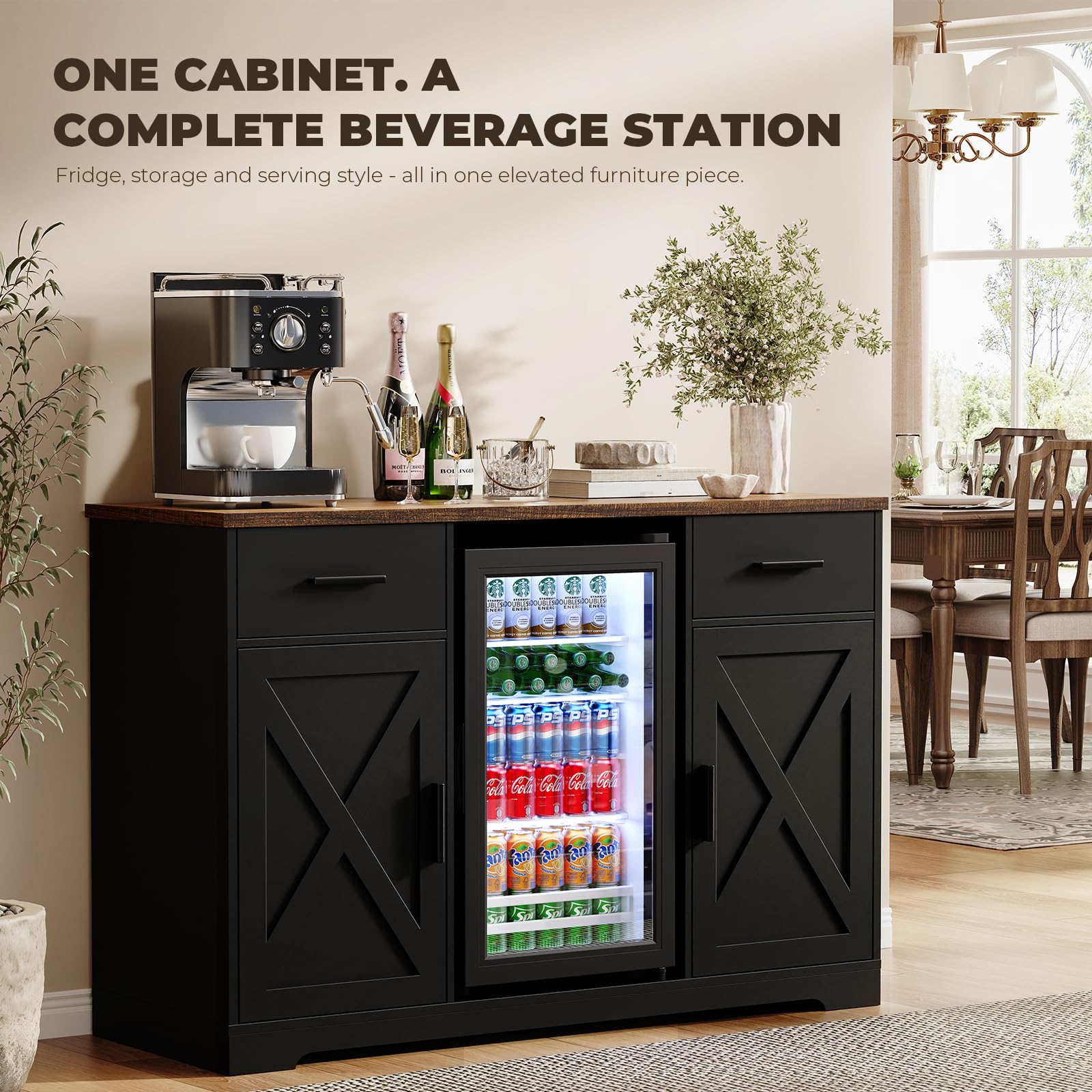 Aauro Home Large Coffee Bar Cabinet with Fridge (Fridge Included), 47'' Farmhouse Bar Cabinet with Wine Storage, Buffet Sideboard Table Station with 2 Drawers & Large Countertop for Home, Black