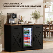 Aauro Home Large Coffee Bar Cabinet with Fridge (Fridge Included), 47'' Farmhouse Bar Cabinet with Wine Storage, Buffet Sideboard Table Station with 2 Drawers & Large Countertop for Home, Black
