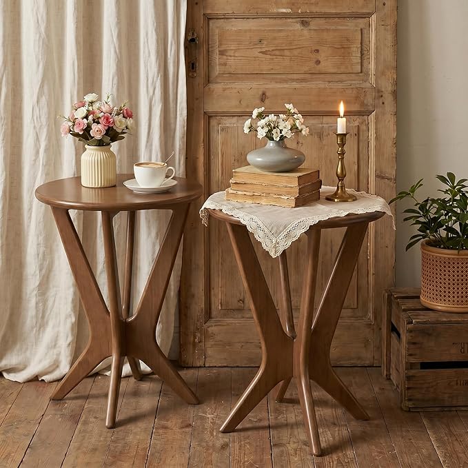 Round Solid Wood End Table – Farmhouse Vintage Side Table