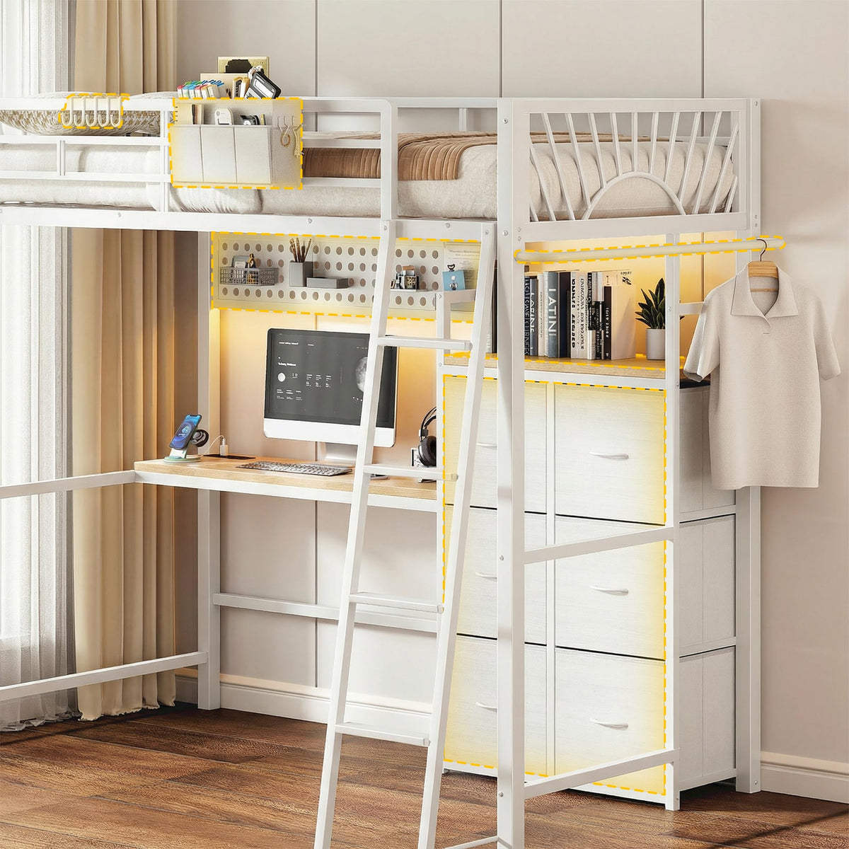 White Twin Loft Bed with Desk & Storage