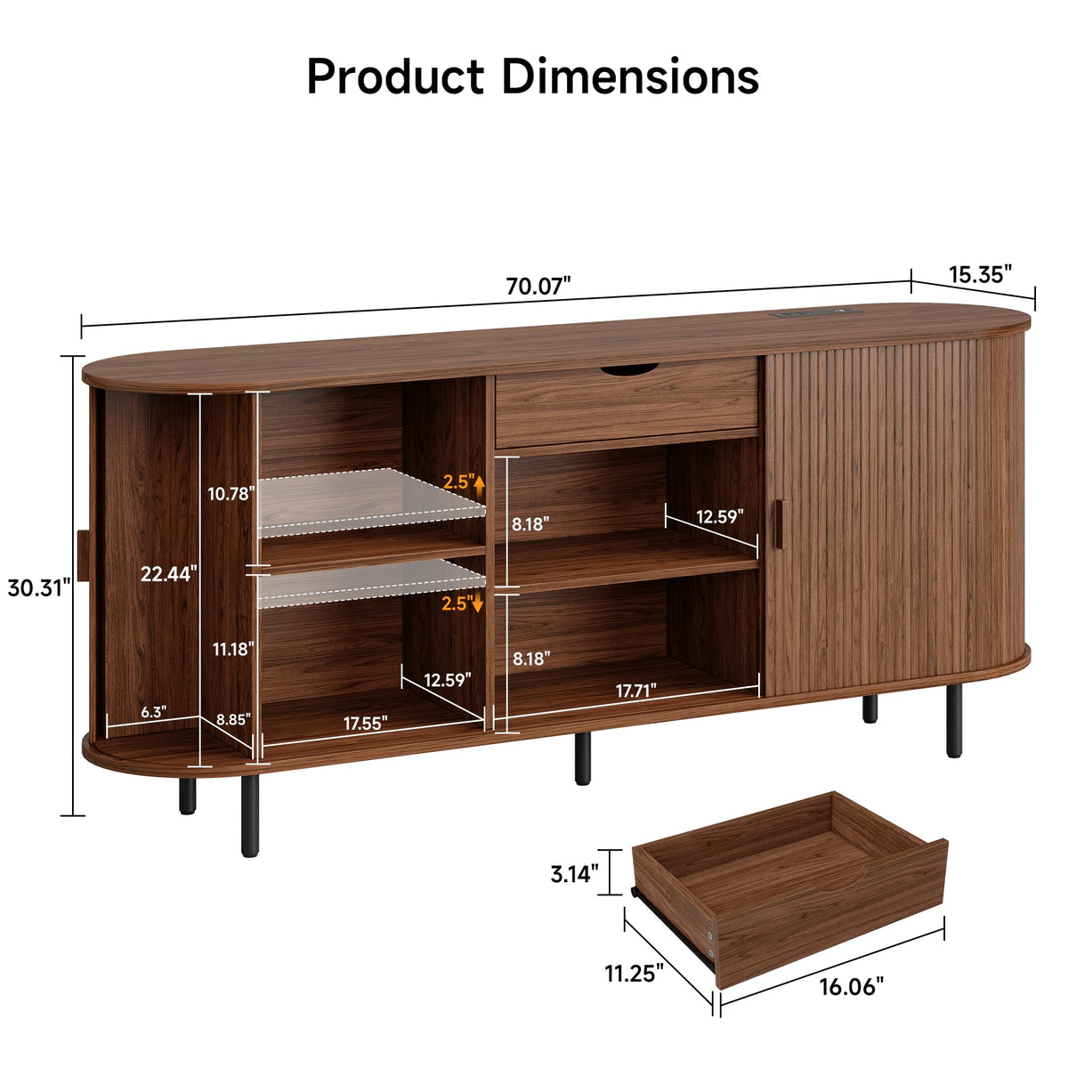 Walnut Fluted Sideboard with Power Outlets