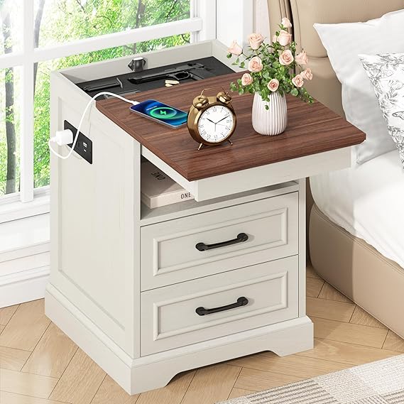 Farmhouse Nightstand with Charging Station & 3 Drawers