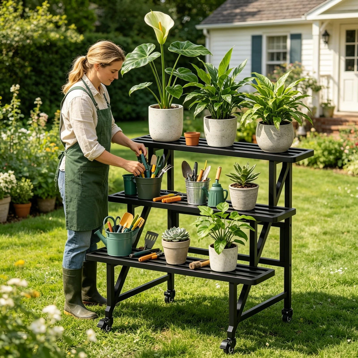 Umi.pzsy Metal Plant Stand with Wheels, 3-Tier Plant Rack