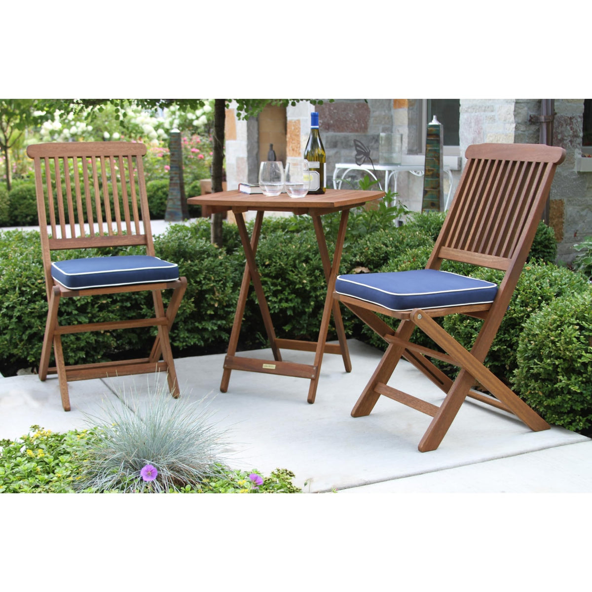 Outdoor Interiors Eucalyptus Wood 3-Piece Square Foldable Bistro Outdoor Furniture Patio Set, Table and 2 Chairs with Cushions, Blue