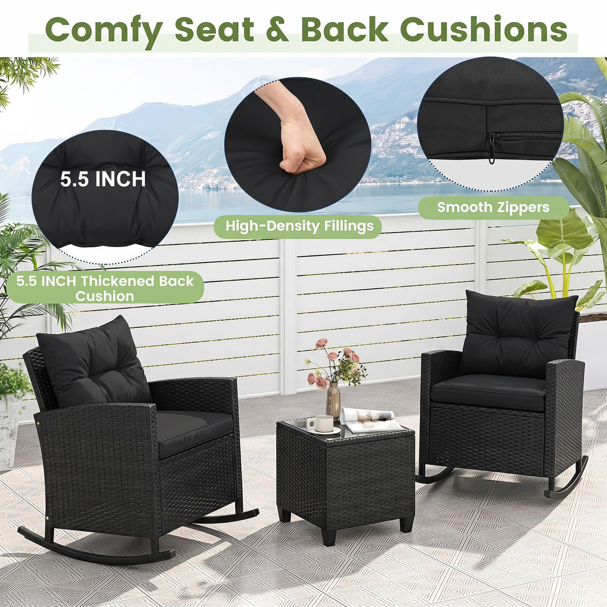ORALNER 3 Pieces Patio Rocking Chair, Black Wicker Bistro Set (Black)